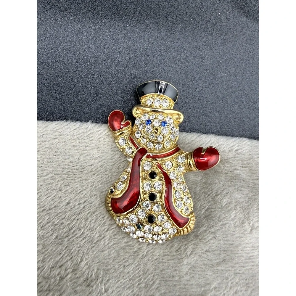 Vintage Monet Brooch Gold Tone Rhinestone Enamel Snowman